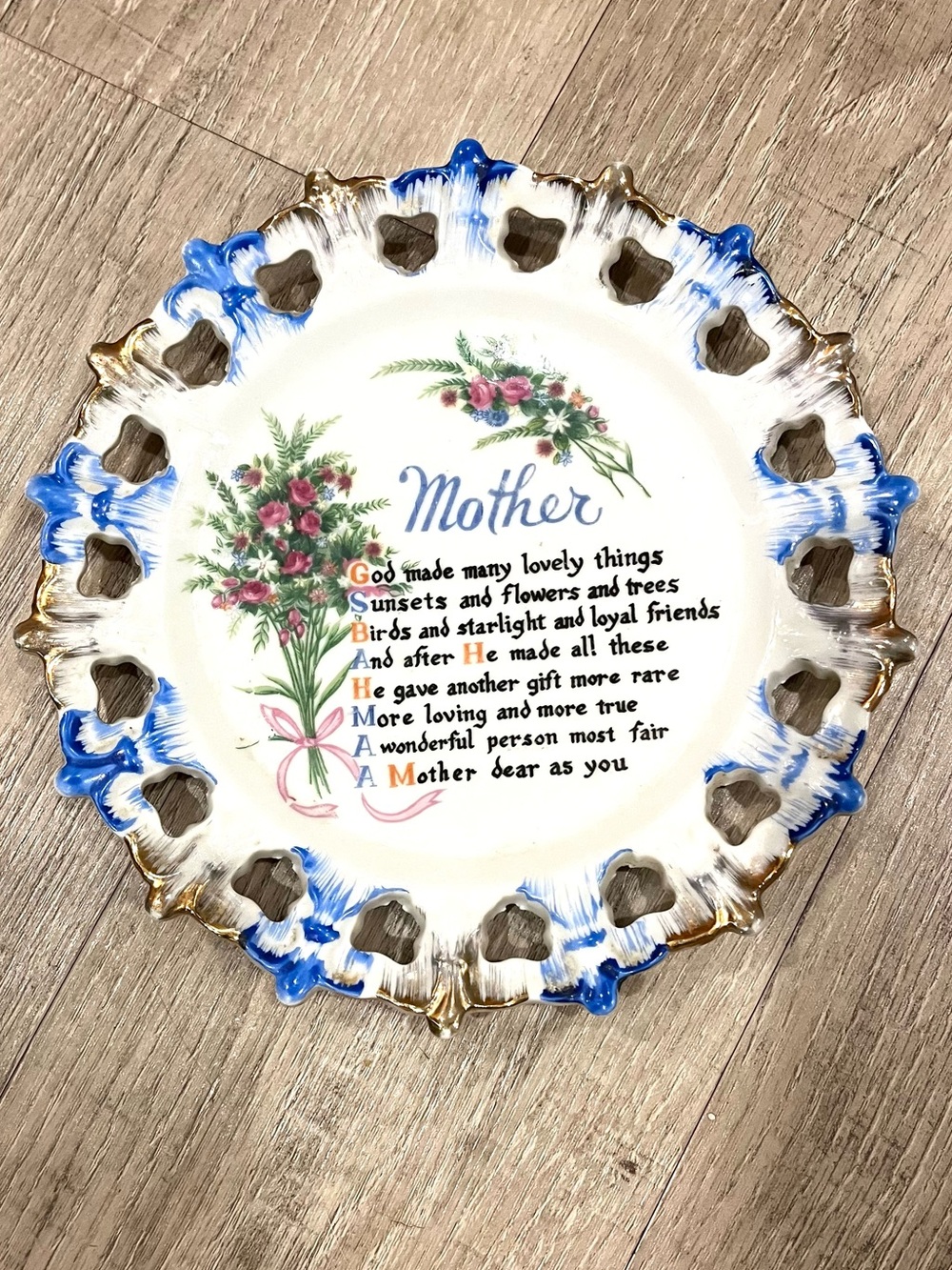 Vintage Decorative 'Mother' Floral Porcelain Plate - White and Blue - Picture 7 of 7